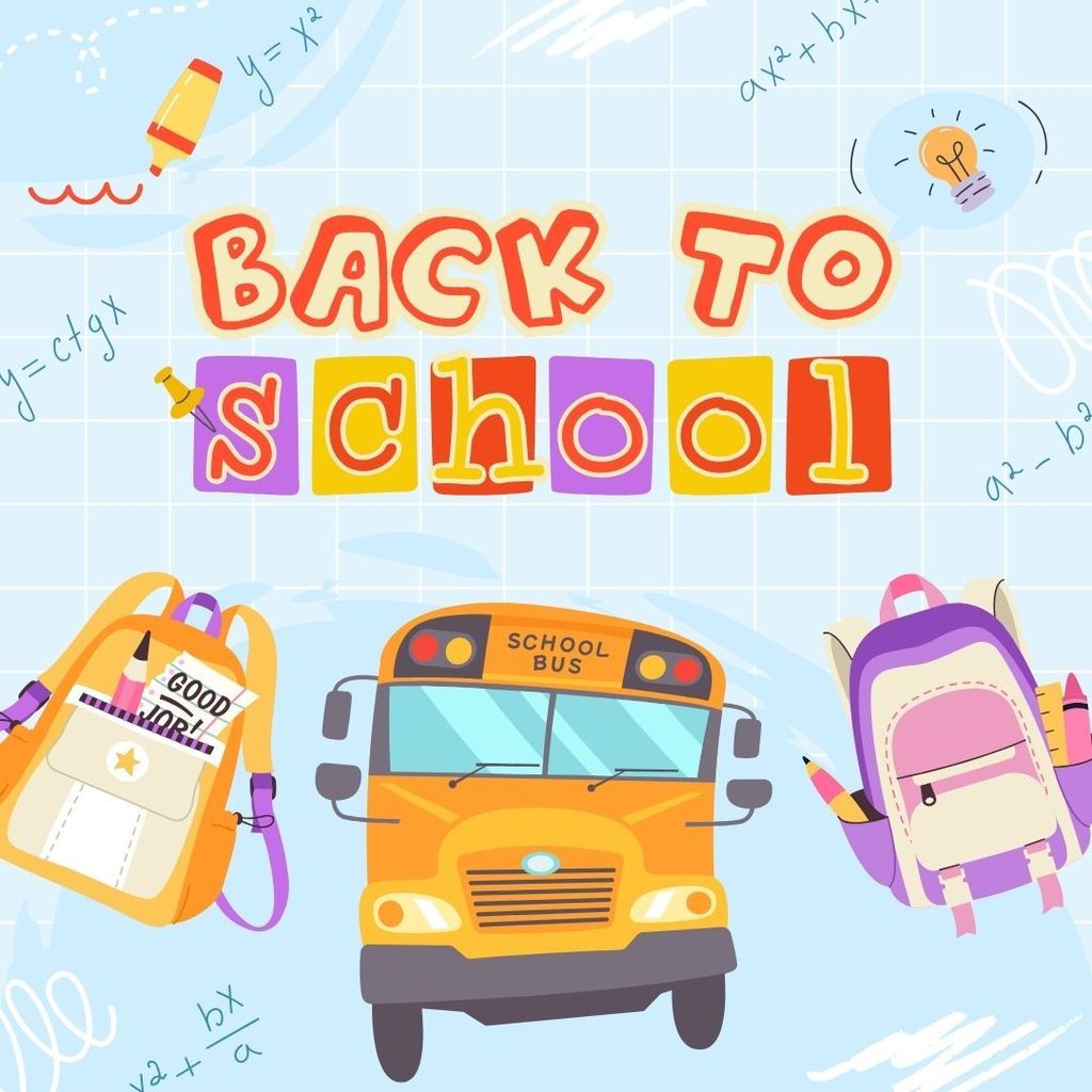 Back to school with a bus and school supplies poster