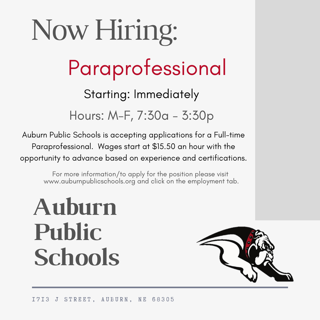 Auburn Public Schools is in need of Paraprofessionals! Starting Immediately! Pay starts at $15.50/hr, with consideration for education & experience. Be part of a team that supports student success every day. Apply now at 👉 auburnpublicschools.org #NowHiring #Paraprofessional