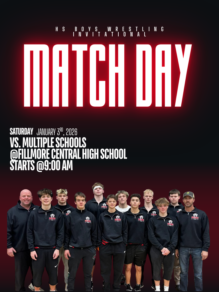 hs boys wrestling  invitational match day saturday january 3rd 2026 vs multiple schools @fillmore central high school starts at 9:00am