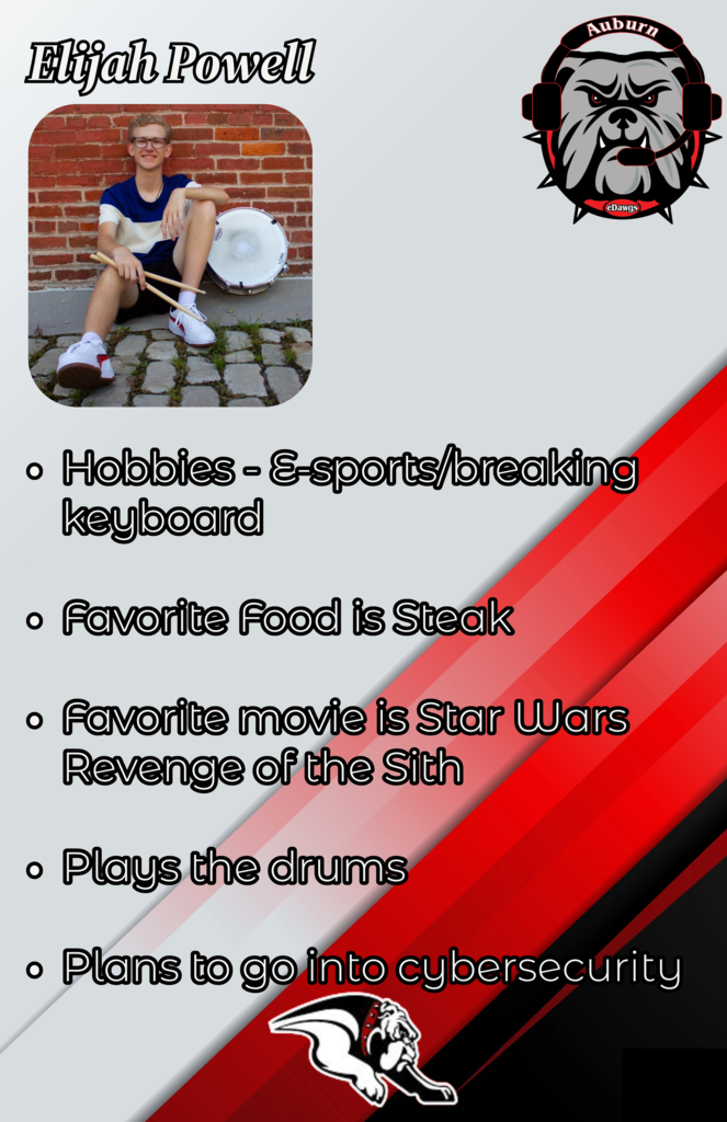 Elijah Powell hobbies - esports/breaking keyboard favorite food is steak favorite movie is star wars revenge of the sith plays the drums plans to go into cybersecurity