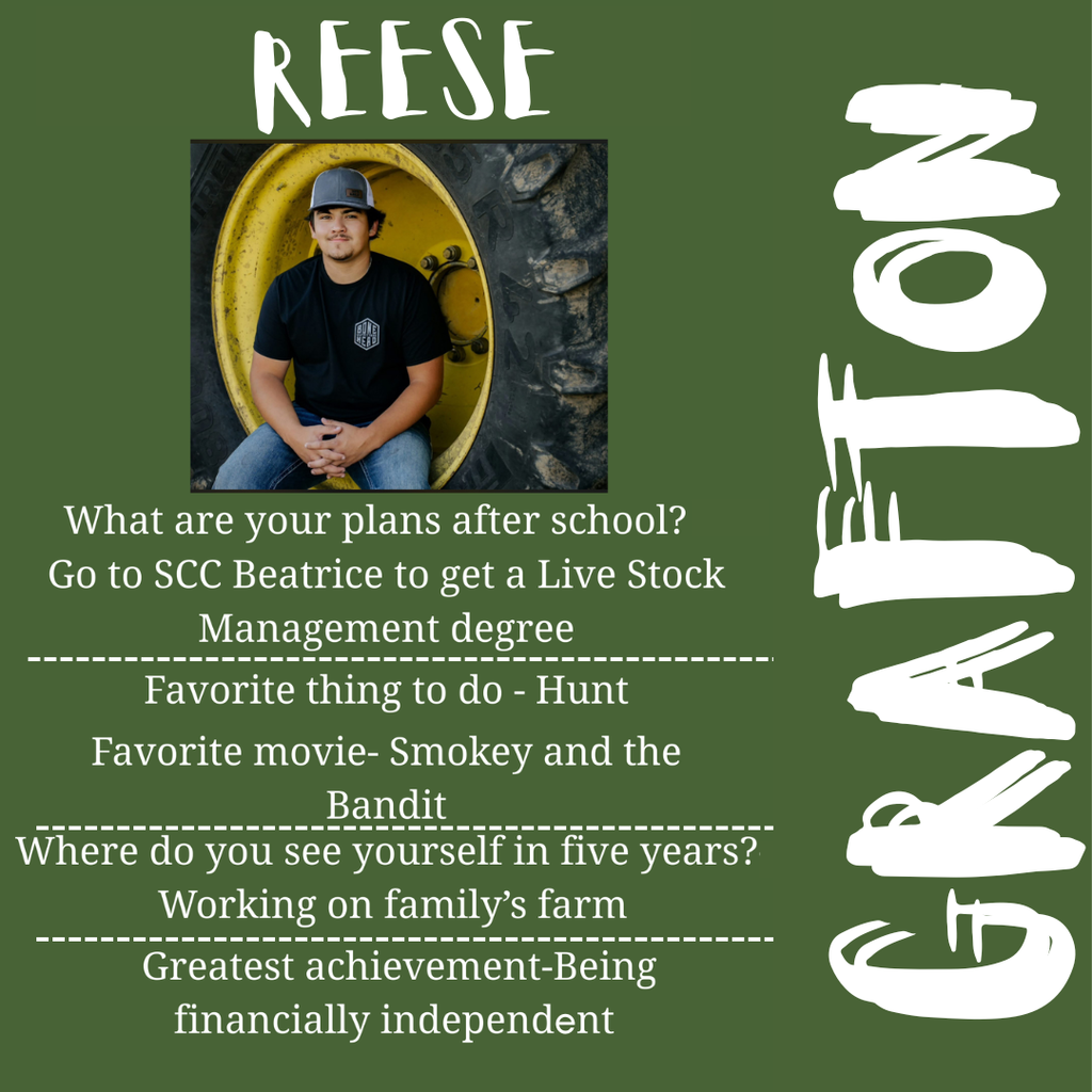 Reese Grafton What are your plans after school? - Go to SCC Beatrice to get a Live Stock Management degree    Favorite thing to do - Hunt  Favorite movie- Smokey and the Bandit  Where do you see yourself in five years?- Working on family’s farm  Greatest achievement-Being financially independent