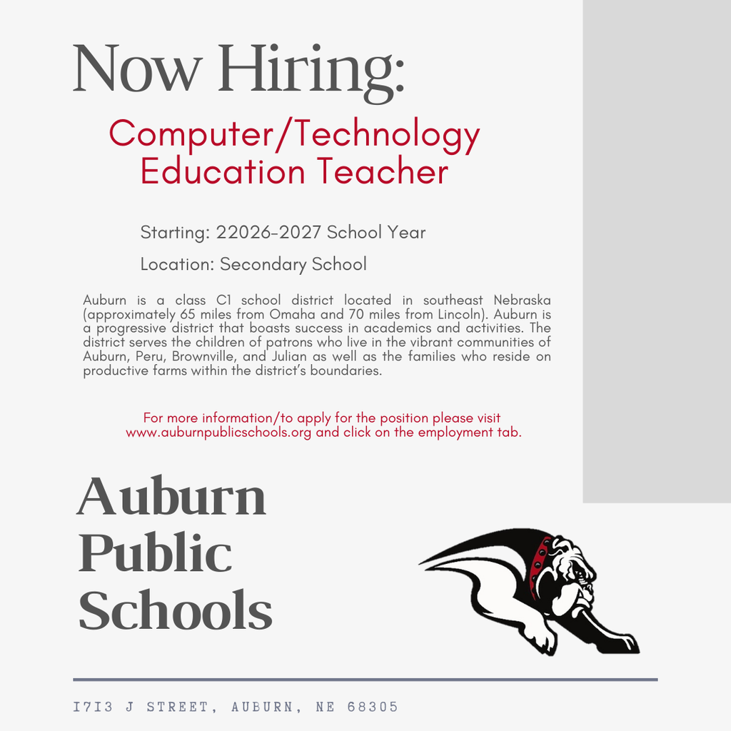 Now Hiring; Computer/Technology Education Teacher Auburn Public Schools is hiring a Computer/Technology Education Teacher for 2026–2027! Teach computer science, digital literacy & tech applications. Nebraska Teaching Certificate required. Competitive benefits; salary based on experience. Apply today: https://bit.ly/3a1RpLs