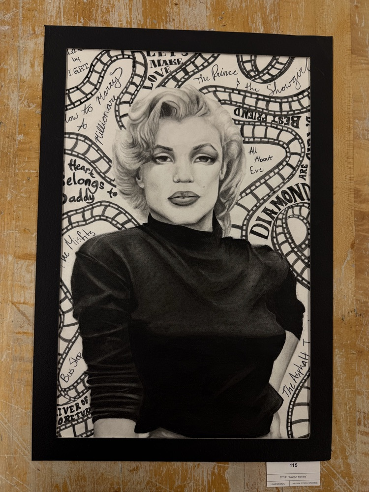 Charcoal and Pencil drawing by Gretchen Paschal titled “Marilyn Movies" which received a Superior ribbon