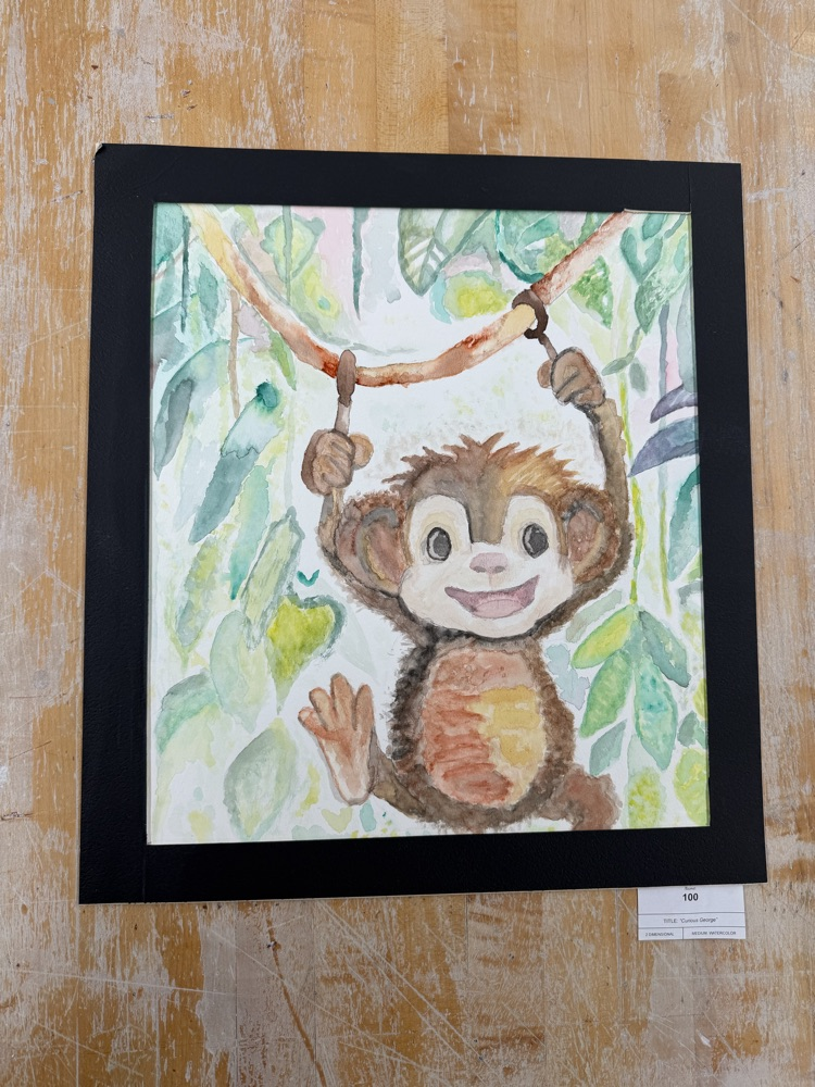 Watercolor painting by Graycen Jones titled “Curious George"