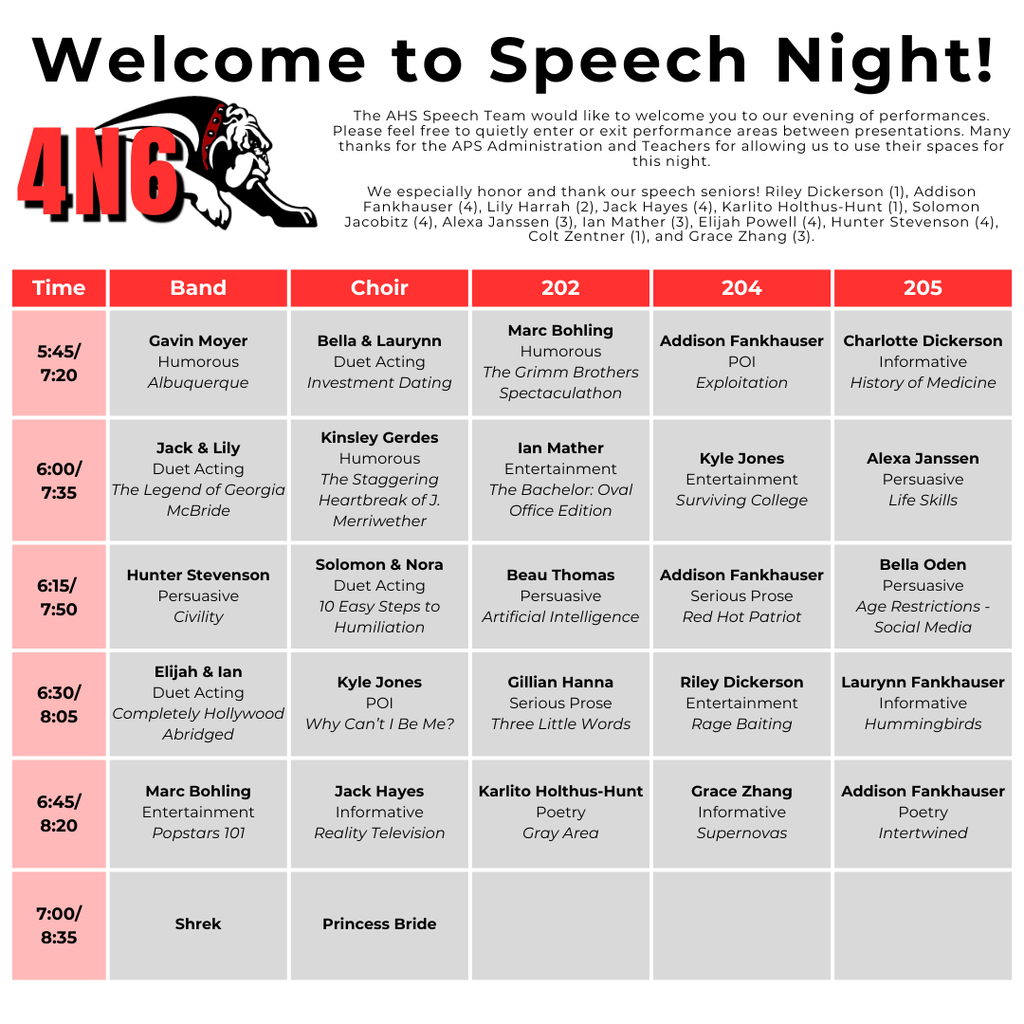 Graphic titled “Welcome to Speech Night.” The Auburn High School Speech Team invites guests to an evening of performances. A schedule table lists performance times from 5:45 PM to 8:35 PM across five locations: Band Room, Choir Room, Room 202, Room 204, and Room 205. Students perform events such as humorous interpretation, duet acting, persuasive speaking, poetry, informative speaking, entertainment, and serious prose. Performances rotate approximately every 15 minutes. The evening concludes with showings of “Shrek” in the Band Room and “Princess Bride” in the Choir Room at 7:00 PM and 8:35 PM.