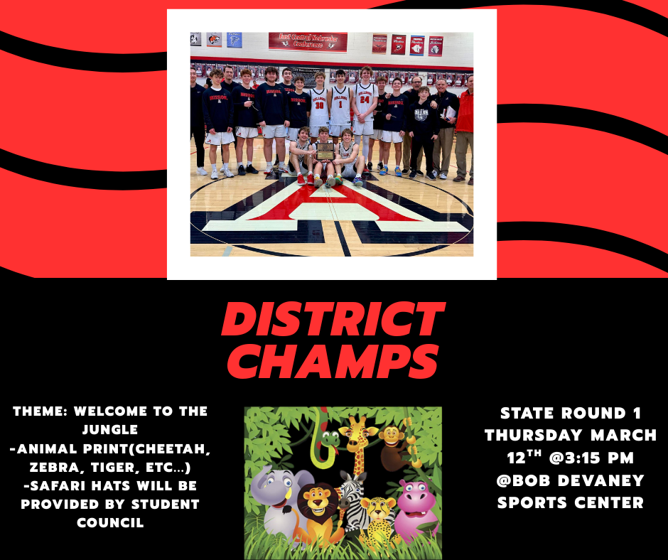 district champs state round 1 thursday march 12th @ 315 @bob devaney sports center.  Theme welcome to the jungle animal print (cheetah zebra tiger etc. safari hats will be provided by students council