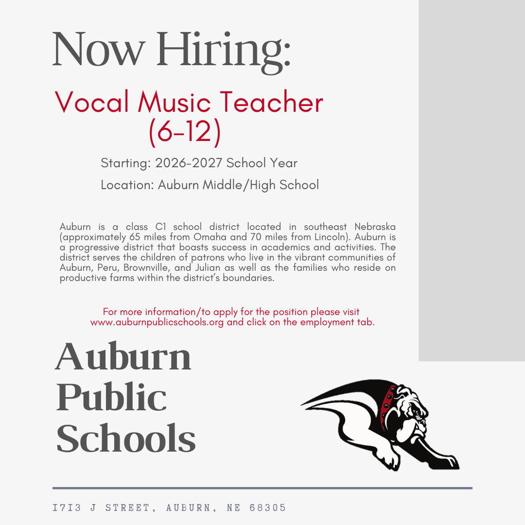 Now Hiring Vocal Music Teacher (6-12)  Auburn Public Schools is hiring a Vocal Music Teacher (Grades 6–12) for the 2026–2027 school year! Join a supportive, student-focused district with strong academics and activities. Inspire the next generation of musicians! Apply today: https://bit.ly/3a1RpLs  🎶