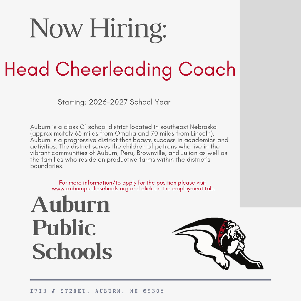 Now Hiring Auburn Public Schools is hiring a Head Cheerleading Coach! Bring your energy and leadership to support our students and school spirit. Join a district focused on growth, resiliency, and pride. Apply now: https://bit.ly/3a1RpLs