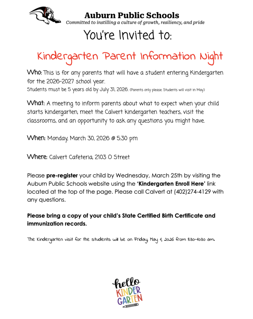 Please see flyer about 2026-2027 Kindergarten Parent Information Night on Monday, March 30th @ 5:30 pm.