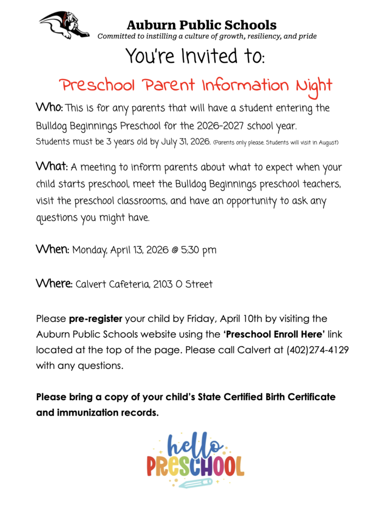 Reminder: Preschool Parent Information Night will be held this evening at Calvert for families with children who will be attending Bulldog Beginnings during the 2026–2027 school year.