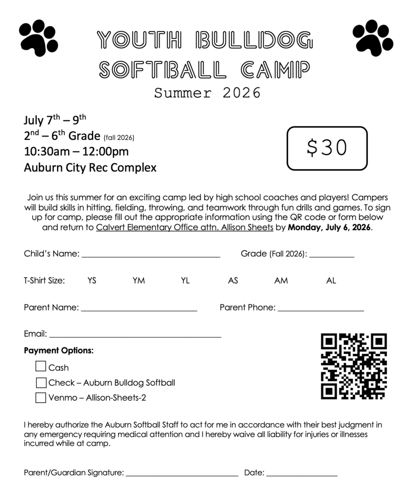 Youth Softball Camp Registration From. July 7th – 9th . 2nd – 6th Grade (fall 2026). 10:30am – 12:00pm. Auburn City Rec Complex. $30.