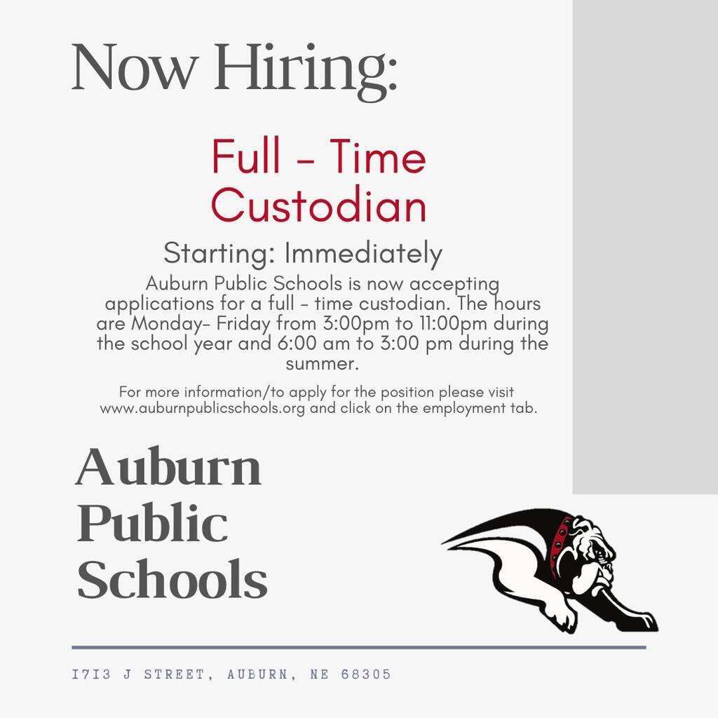 Auburn Public Schools is hiring a Full-Time Custodian! Hours are 2-10 PM during the school year and 6-3 during the summer. Full benefits included with 100% family health insurance paid by the district! Apply today: bit.ly/3a1RpLs