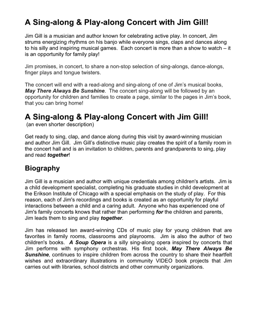 The Jim Gill Sing-Along & Play-Along Concert is coming to Auburn Memorial Library! 📅 Saturday, August 1 🕤 9:30 AM 📍Auburn Memorial Library Jim Gill brings interactive songs, musical games, and stories that get kids, parents, grandparents, and caregivers singing, moving, and laughing together. It's a fun-filled event for all ages! Check out his attached bio below! Come ready to clap, dance, sing, and play—we hope to see you there!