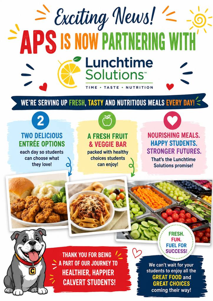 Calvert Families, Please see the attached flyer for important information about our new food service program! We are excited about this new partnership and look forward to providing our students and families with a great food service experience this school year. Thank you for your continued support of Calvert Elementary! Go Bulldogs! 🐾