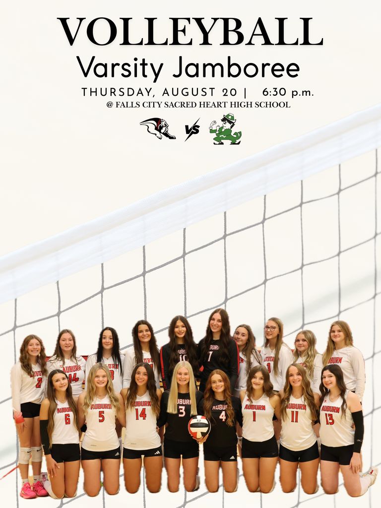 Graphic announcement for a Volleyball Varsity Jamboree taking place on Thursday, August 20 at 6:30 p.m. at Falls City Sacred Heart High School.
