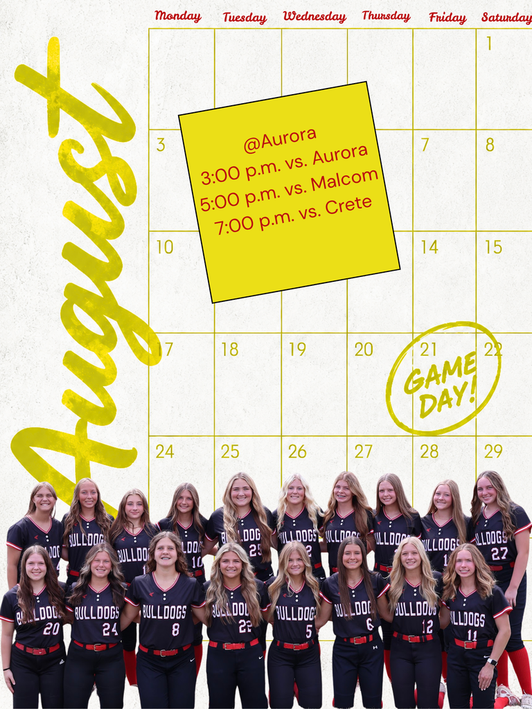 Softball Game Day schedule graphic for August 21 featuring a team photo and game times at Aurora: 3:00 p.m. vs. Aurora, 5:00 p.m. vs. Malcolm, and 7:00 p.m. vs. Crete.