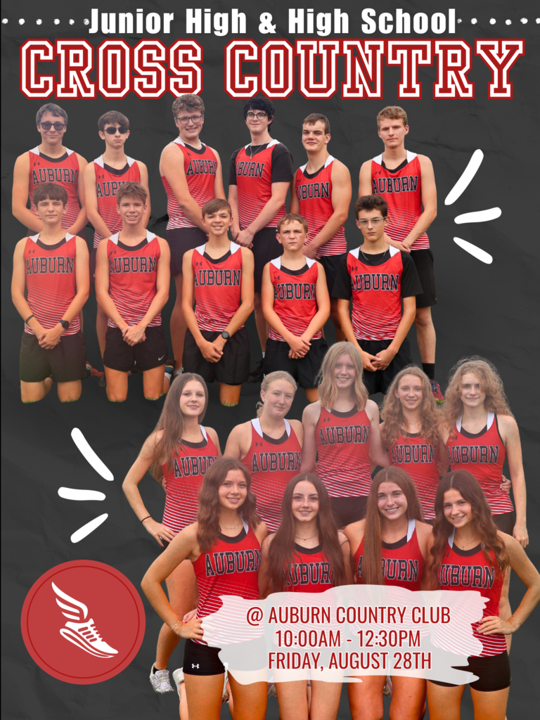 Flyer for a cross country invitational meet that includes both the junior high and high schools boys and girls taking place Friday, August 28 at 10 am at the Auburn Country Club.