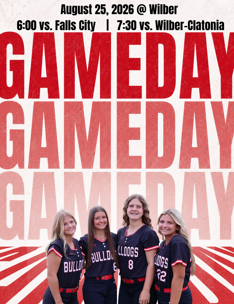 Graphic game day announcement for the softball team. They head to Wilber for a triangular starting at 6 p.m., Tuesday, August 25.