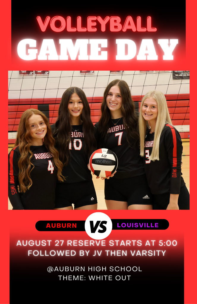 Game day graphic announcement of the volleyball team's home opener Thursday, August 27 starting at 5 p.m. against Louisville.
