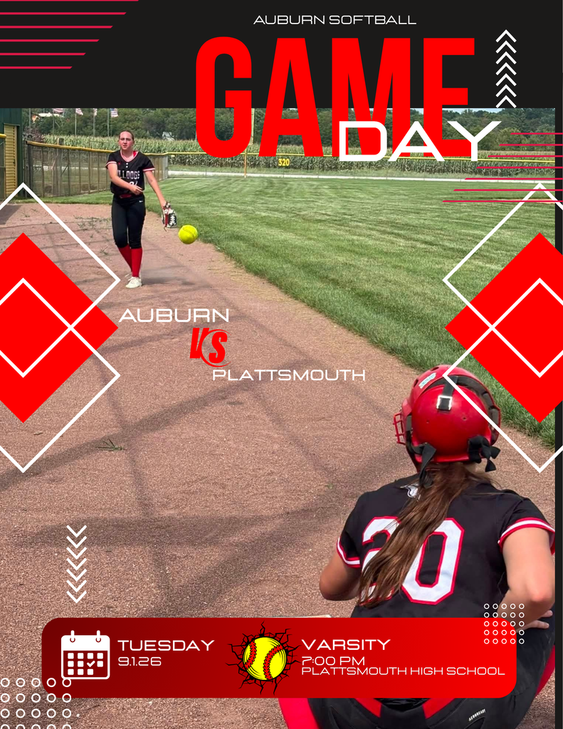 Auburn Softball graphic announcing a Game Day matchup of Auburn vs. Plattsmouth on Tuesday, September 1st at 7:00 PM at Plattsmouth High School for a Varsity game.