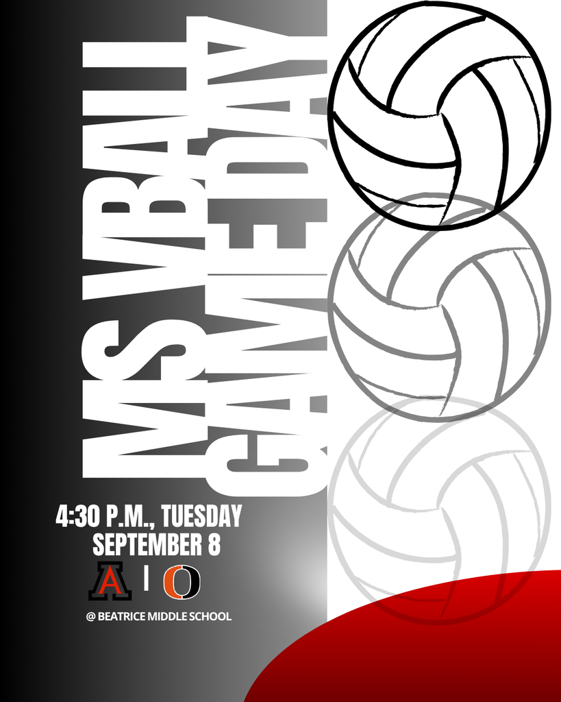 Graphic for Middle School Volleyball Gameday on Tuesday, September 8 at 4:30 P.M. at Beatrice Middle School. Features vertical stacked text reading "MS VBAL GAMEDAY" alongside stylized volleyball graphic outlines, with Auburn and Beatrice team logos near the bottom.