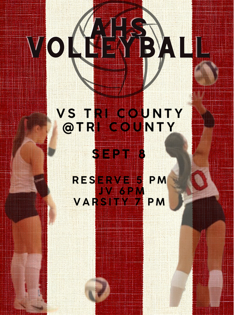 Graphic for High School Volleyball vs. Tri County at Tri County on Sept 8. Background features red and off-white vertical stripes with two high school volleyball players in action. Center text reads "VOLLEYBALL VS TRI COUNTY @TRI COUNTY SEPT 8" with schedule details: Reserve at 5 PM, JV at 6 PM, and Varsity at 7 PM.