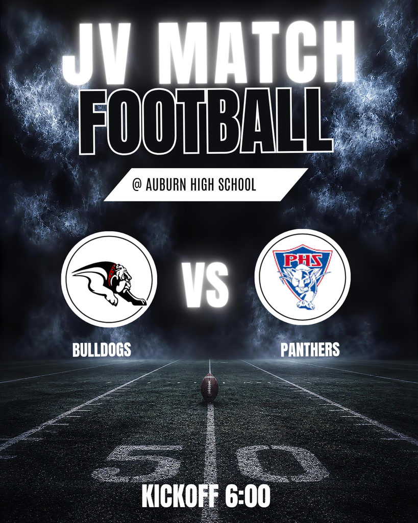 Graphic for a JV Football match featuring Auburn vs. Palmyra. Header reads "JV MATCH FOOTBALL" above location "@ AUBURN HIGH SCHOOL". Center features logos for the Auburn Bulldogs and Palmyra Panthers on a dramatic dark stadium field background, with bottom text reading "KICKOFF 6:00".