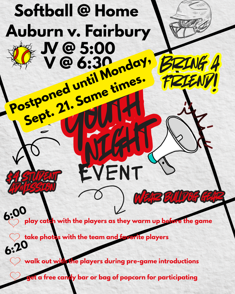 Promotional graphic for the Auburn vs. Fairbury softball game and Youth Night event. Bold text across the top reads "Auburn v. Fairbury," with "JV @ 5:00" and "V @ 6:30." A yellow banner angled across the graphic states, "Postponed until Monday, Sept. 21. Same times." Central stylized text highlights "Youth Night Event" alongside illustrations of a megaphone, softball, and a "Bring a Friend!" speech bubble. Additional details at the bottom note $4 student admission, instructions to wear Bulldog gear, and youth activities starting at 6:00, including playing catch with players, photo ops, pre-game introductions, and a free candy bar or popcorn.