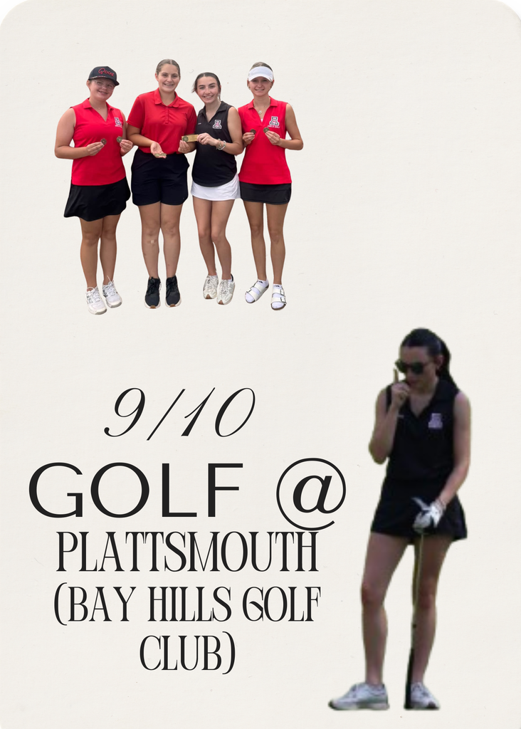 Graphic featuring four Auburn Public Schools golfers at the top and a golfer looking through binoculars on the right. Central text reads: "9/10 GOLF @ PLATTSMOUTH (BAY HILLS GOLF CLUB)" at 9 a.m.