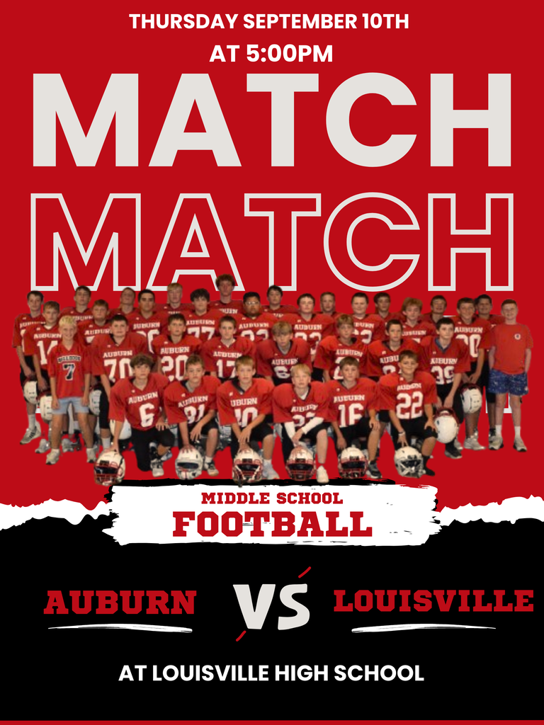 Graphic for Middle School Football featuring a team photo of the Auburn Bulldogs team at the top. Central text reads: "MATCHDAY. Middle School Football. Auburn VS Louisville at Louisville High School."