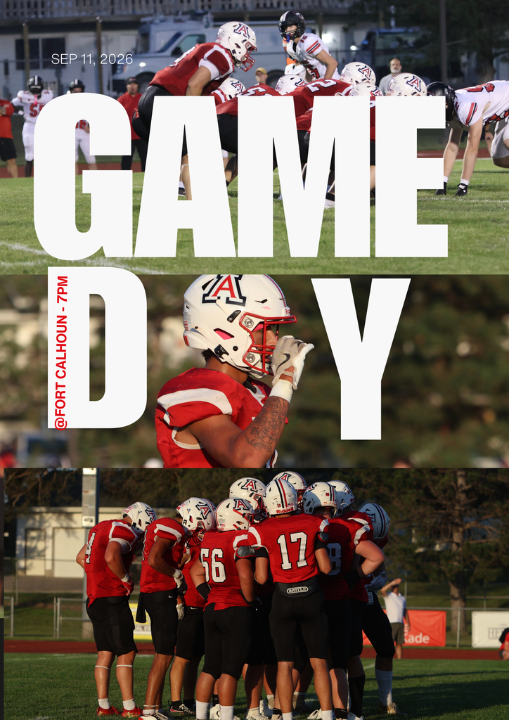 "GAME DAY" graphic featuring Auburn High School football players in action, with details indicating an away game at Fort Calhoun on September 11, 2026, at 7:00 PM.