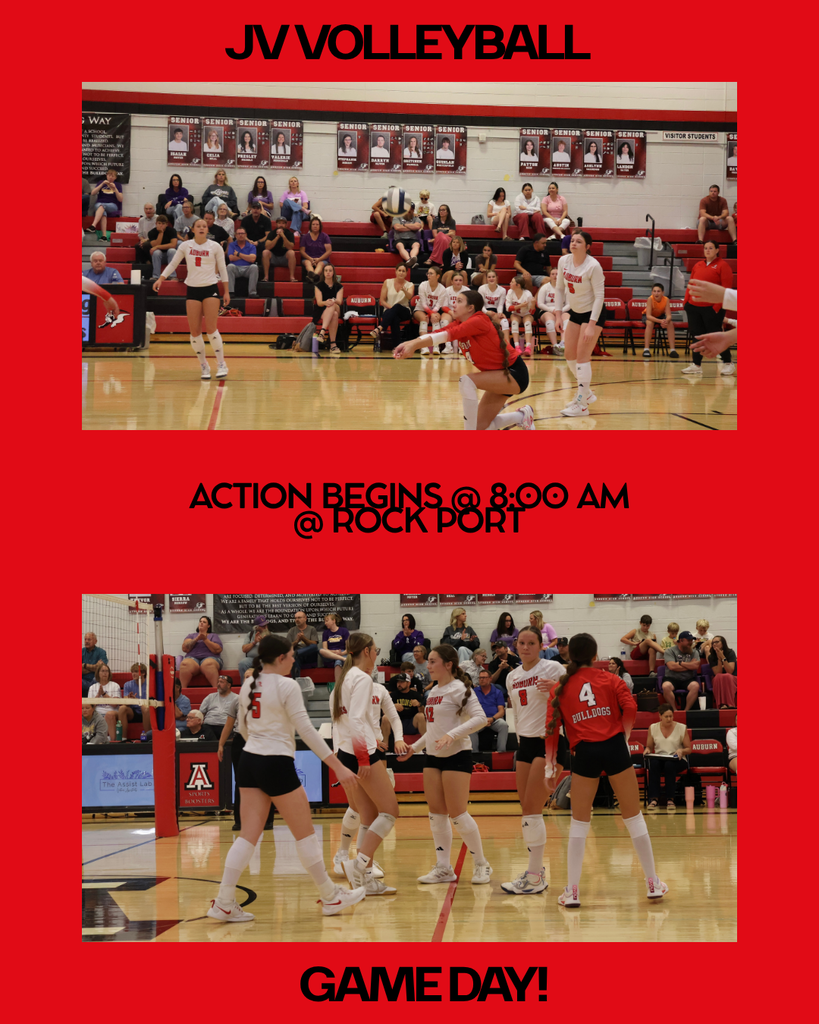 Red graphic promoting JV Volleyball featuring photos of the team playing, with bold text reading "JV Volleyball" at the top and "Action begins @ 8:00 AM @ Rock Port" in the center.
