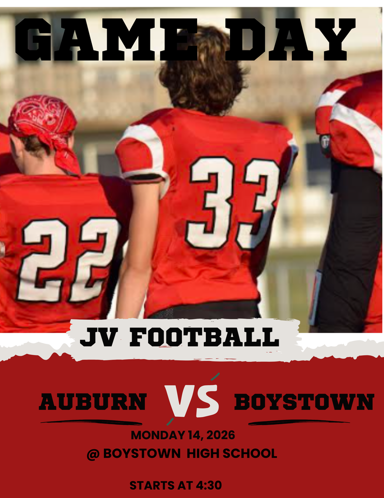 Red graphic promoting JV Football featuring a photo of Auburn players wearing red jerseys with numbers 22 and 33. Bold text reads "Game Day" at the top, "JV Football" below the photo, and "Auburn vs Boystown" at the bottom.