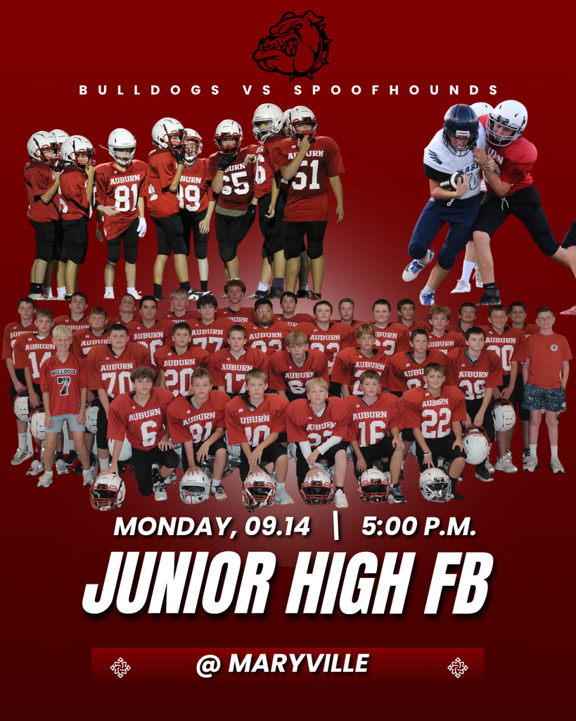 Red graphic promoting Junior High Football featuring photos of the team in red jerseys with helmets. Text at the top reads "Bulldogs vs Spoofhounds", with "Monday, 09.14 | 5:00 P.M." and "Junior High FB" displayed at the bottom.