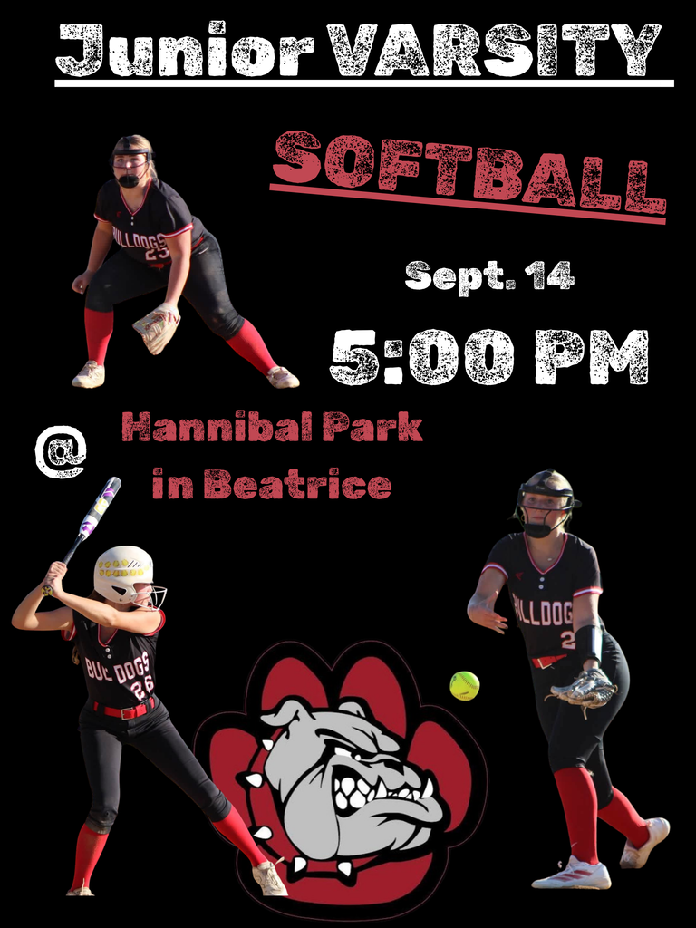 Softball graphic for Auburn Bulldogs game against Beatrice on Sept. 14 at 5:00 PM at Hannibal Park. Action shots of three softball players surrounded by the Bulldogs mascot logo, along with Instagram and Thrillshare icons.