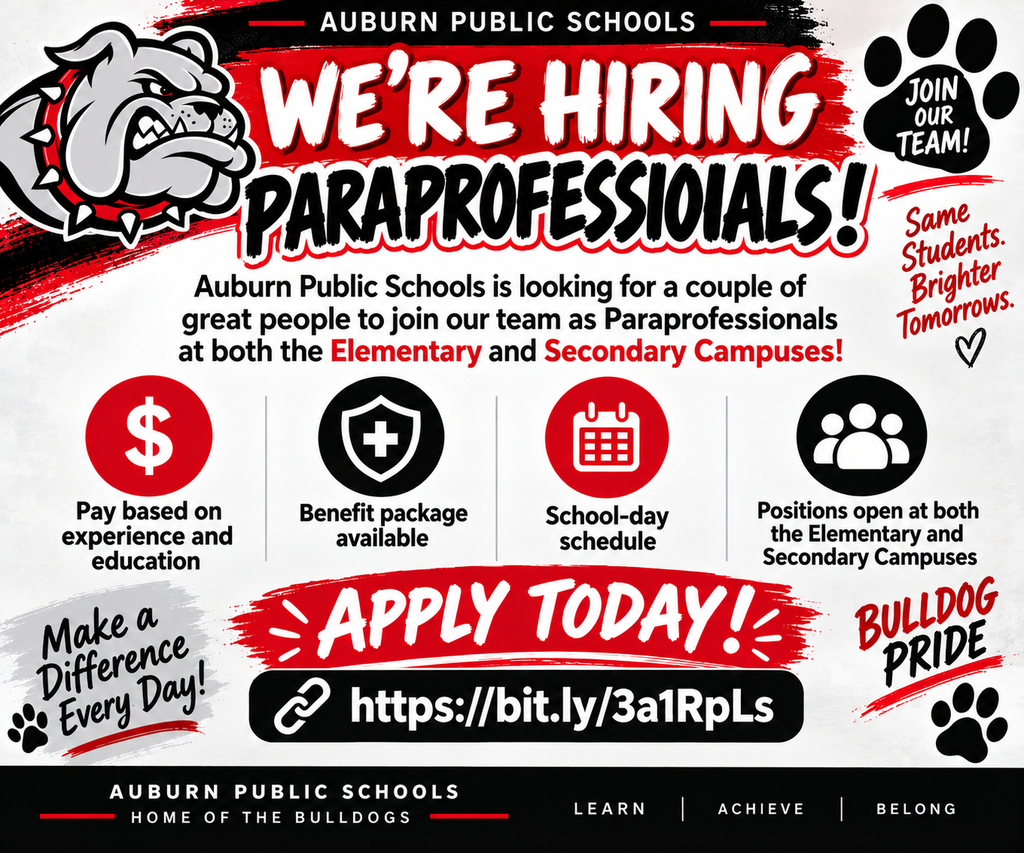 📣 We’re hiring Paraprofessionals! Join the Auburn Public Schools Bulldog team and make a difference for students every day. Positions are available at both our Elementary and Secondary Campuses. 🐾 Apply today! ⬇️ https://bit.ly/3a1RpLs
