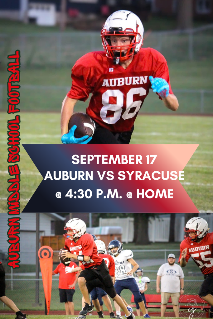 **Alt Text:** Graphic advertising Auburn Middle School Football game against Syracuse on September 17 at 4:30 P.M. at HOME, featuring photos of Auburn football players in action against a red, black, and white background.