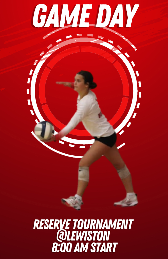 A high-school volleyball player in a white uniform bump-passing a volleyball in front of a red graphic background featuring a circular frame and bold "GAME DAY" text.