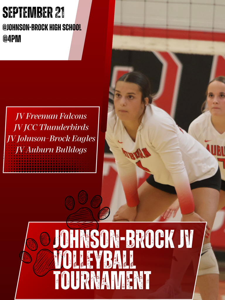 Here is a descriptive alt text you can use for this graphic: > **Graphic announcing a JV Volleyball event on September 21 at Johnson-Brock High School starting at 4 PM. Participating teams listed are JV Freeman Falcons, JV JCC Thunderbirds, JV Johnson-Brock Eagles, and JV Auburn Bulldogs. The graphic features an image of an Auburn Bulldogs volleyball player ready on the court.**