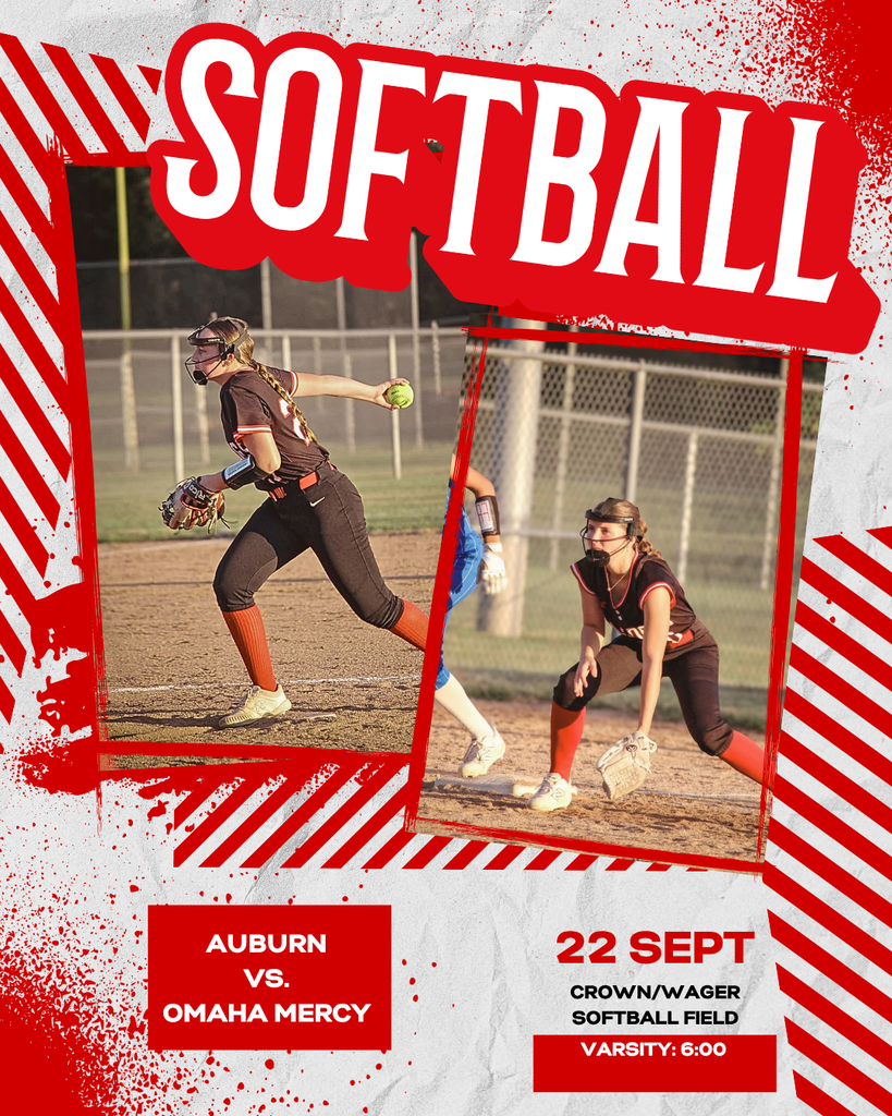 Graphic titled "SOFTBALL" featuring photos of a softball player pitching and a runner on base in a red-and-white striped themed layout. The graphic reads "22 SEPT" and "AUBURN VS. CROWN/WAGER" with the Instagram handle icon.