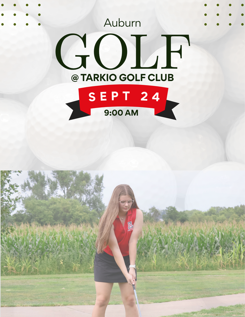 Promotional graphic for a high school golf event featuring text that reads "GOLF @ TARKIO GOLF CLUB, SEPT 24, 9:00 AM" over a background of golf balls. Below the text is a photo of a young woman standing on a green golf course, getting ready to swing her club.