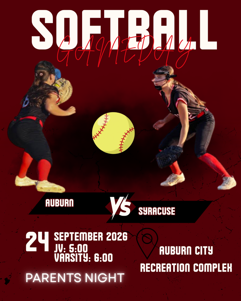Graphic promoting Auburn vs. Syracuse softball on September 24, 2026, for Parents Night at Auburn City Recreation Complex. JV plays at 5:00 PM and Varsity at 6:00 PM. Features photos of softball players in action around a yellow softball.