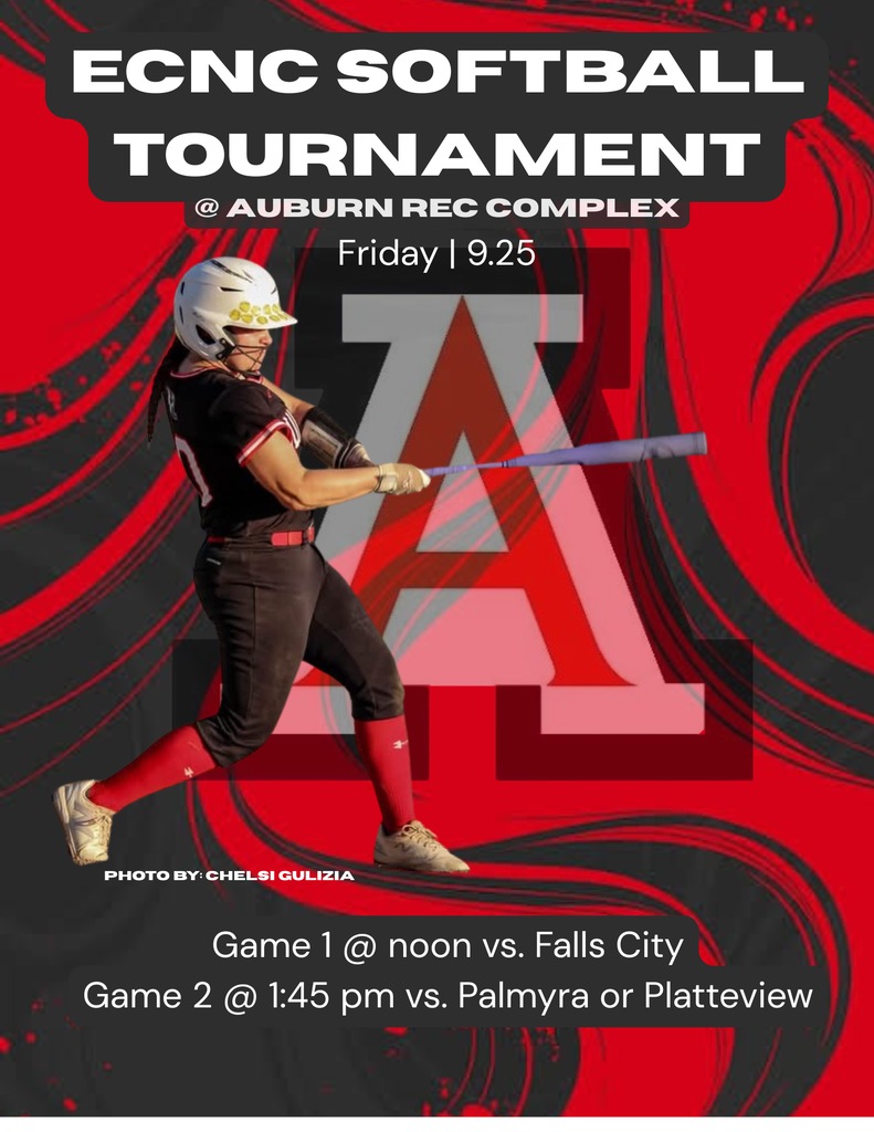 Here is a clear and detailed alt text for this graphic:  **Alt text:**  > Graphic announcing the ECNC Softball Tournament on a red and black abstract background featuring a large red letter "A". Bold white text at the top reads: "ECNC SOFTBALL TOURNAMENT @ AUBURN REC COMPLEX | Friday | 9.25". Centered in front of the letter "A" is an action photo of a female softball player swinging a bat, with small text at the bottom reading "PHOTO BY: CHELSI GULIZIA". Black banner text at the bottom reads "Game 1 @ noon vs. Falls City".