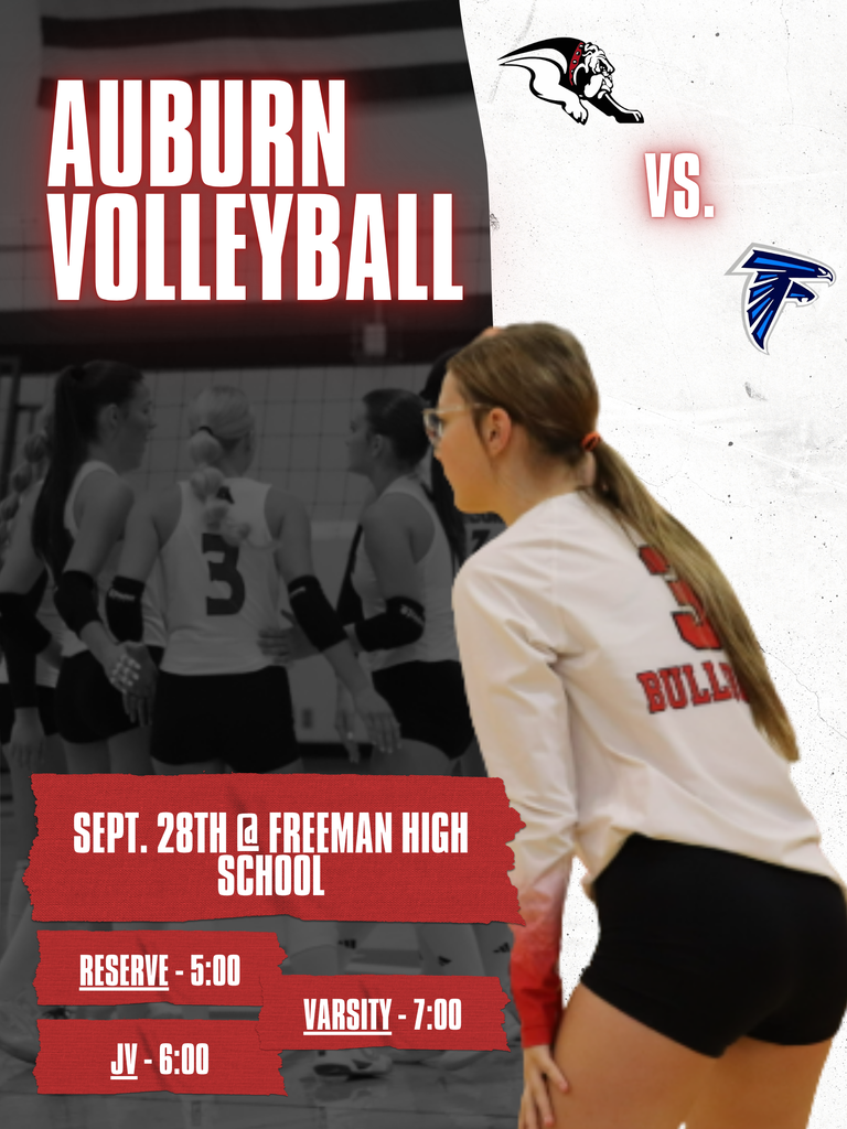 Graphic for Auburn Volleyball vs. Freeman at Freeman High School on September 28th, featuring an Auburn volleyball player preparing to serve in front of a background image of her teammates on the court.