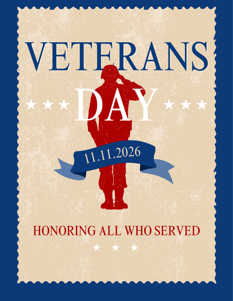 Veterans Day graphic featuring a red silhouette of a saluting soldier against a vintage beige stamp design, reading "Veterans Day - 11.11.2026 - Honoring All Who Served."