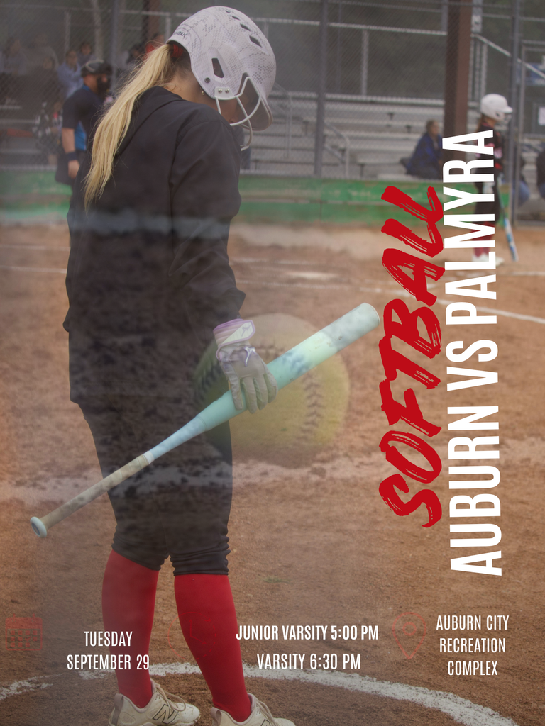Auburn Softball vs Palmyra game graphic for Tuesday, September 29, at Auburn City Recreation Complex. Shows a softball player at bat with a blue bat, listing Junior Varsity game at 5:00 PM and Varsity game at 6:30 PM.