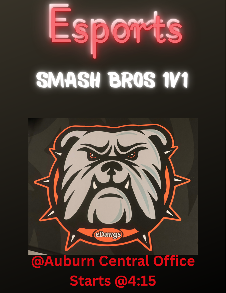 Graphic for eDawgs Esports featuring glowing red text that reads "Esports" and bold white text below it that reads "SMASH BROS 1V1". Below the text is an Auburn eDawgs logo featuring a fierce, stylized bulldog face with an orange and black spiked collar.