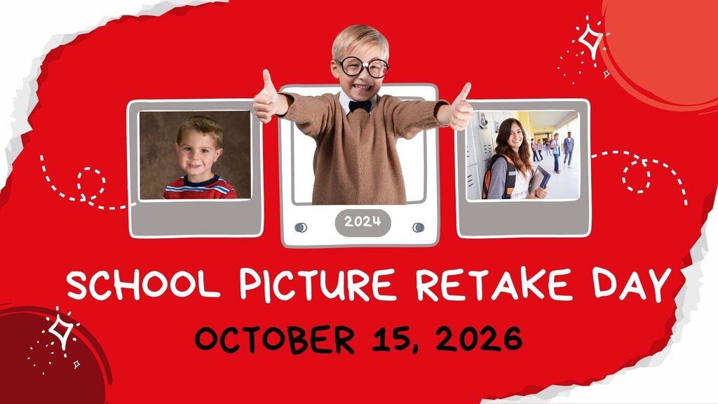 Red banner with kids pictures saying retake day is October 15, 2026