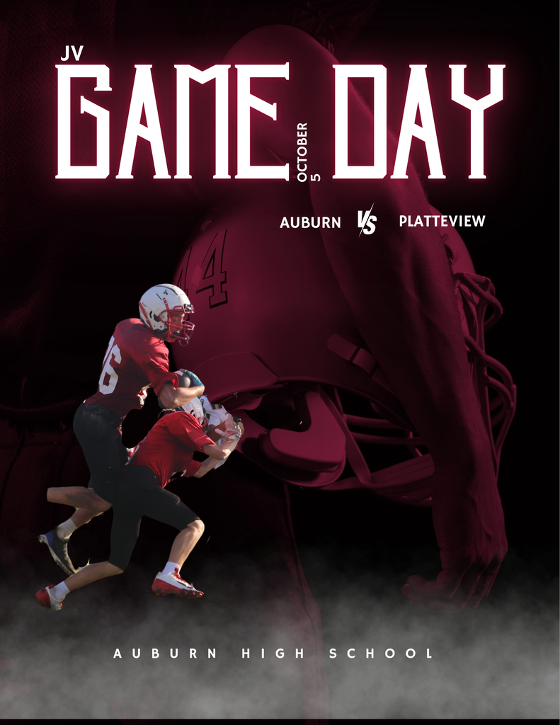 Game Day graphic for Auburn High School football on October 5th featuring Auburn vs. Platteview. Includes a bold "GAME DAY" header, a large red helmet graphic, and photos of Auburn football players in action on the field.