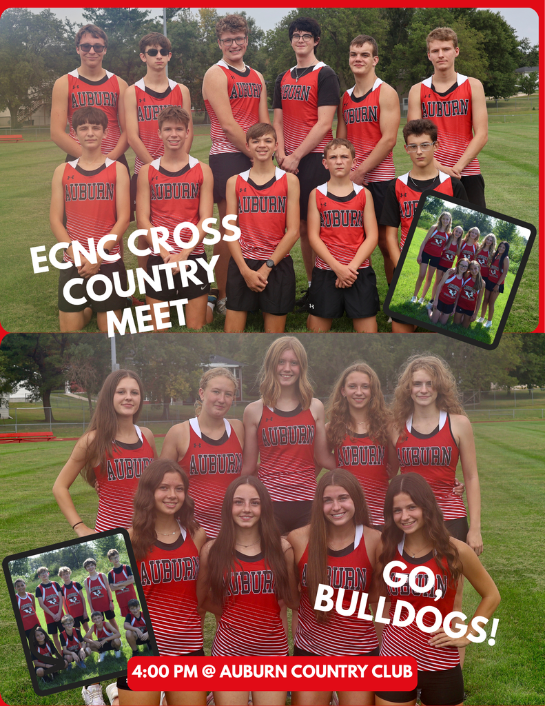 Graphic for the ECNC Cross Country Meet taking place at 4:00 PM at the Auburn Country Club. Features heading text reading "ECNC CROSS COUNTRY MEET" and "GO BULLDOGS!", along with photos of the Auburn boys' and girls' cross country teams posing together in their red uniforms.
